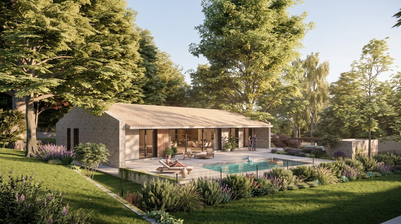 La vivienda y la piscina entre el arbolado