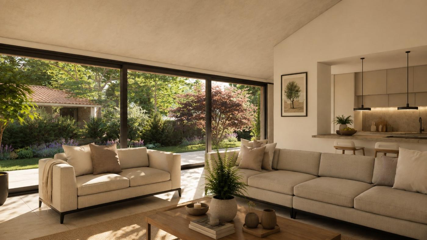 Salón y cocina, con salida al jardín