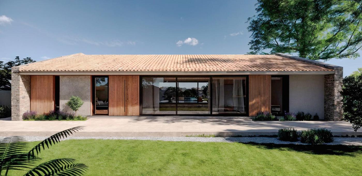 Fachada sur con lamas de madera