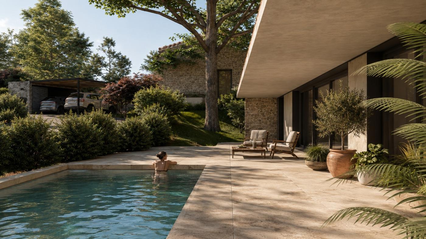 Fachada al jardín con piscina privada