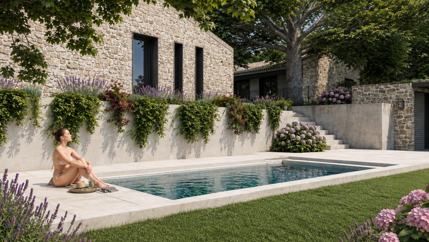 Piscina privada y jardín de hortensias