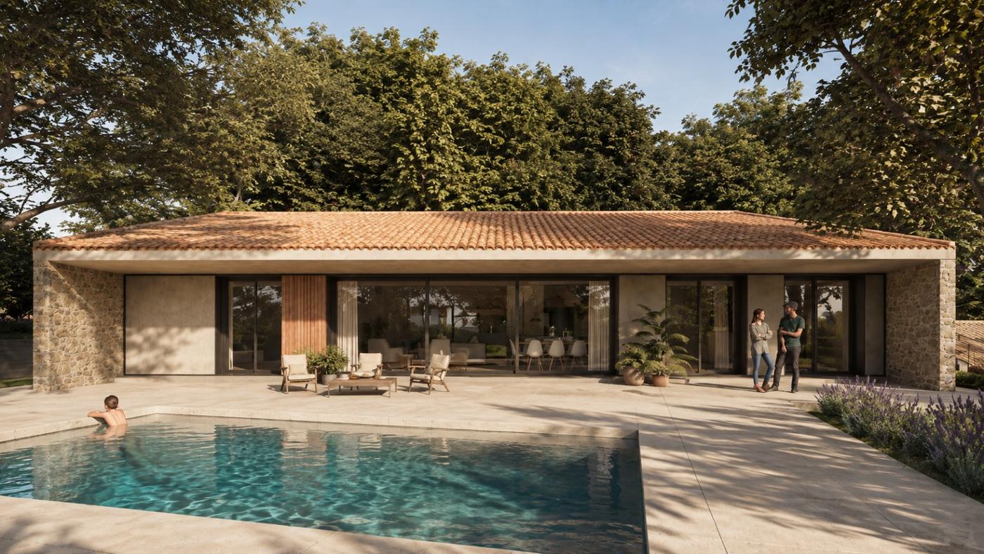 Piscina privada y porche cubierto