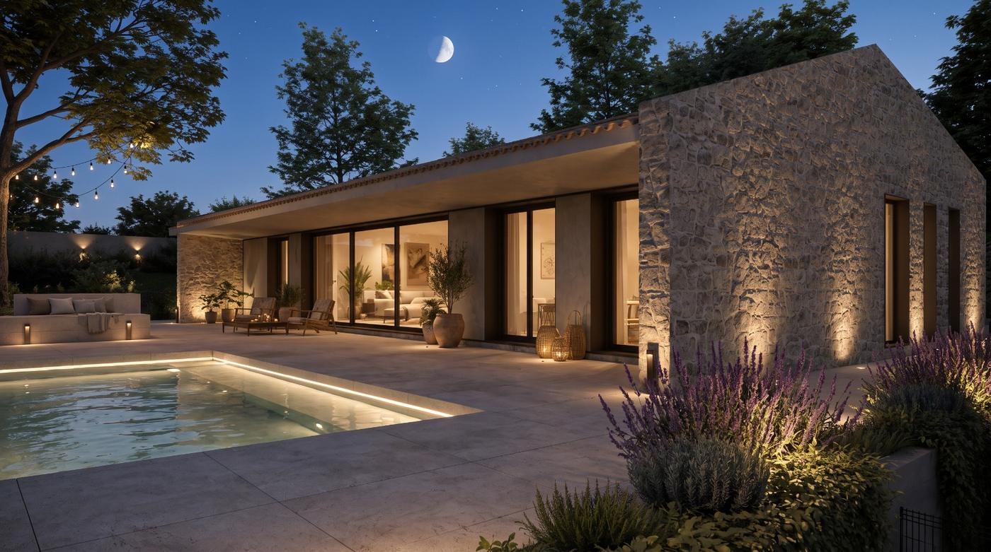 La vivienda al anochecer, con la piscina iluminada